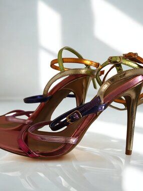 Anne Michelle Rainbow Strappy Heels 8 1/2 Stilleto Open Toe Iridescent NEO-06